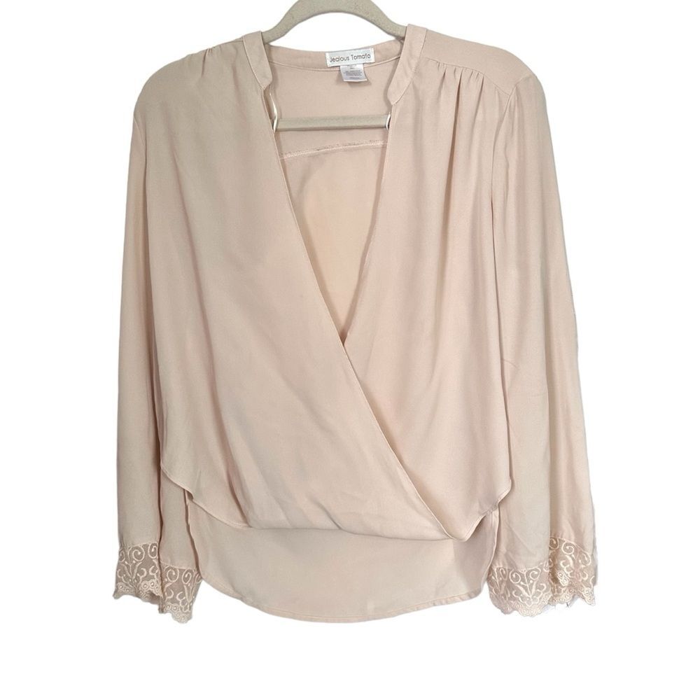 Jealous Tomato Women’s Sz S Beige Career Top Lace Sleeve Semi Sheer Blouse